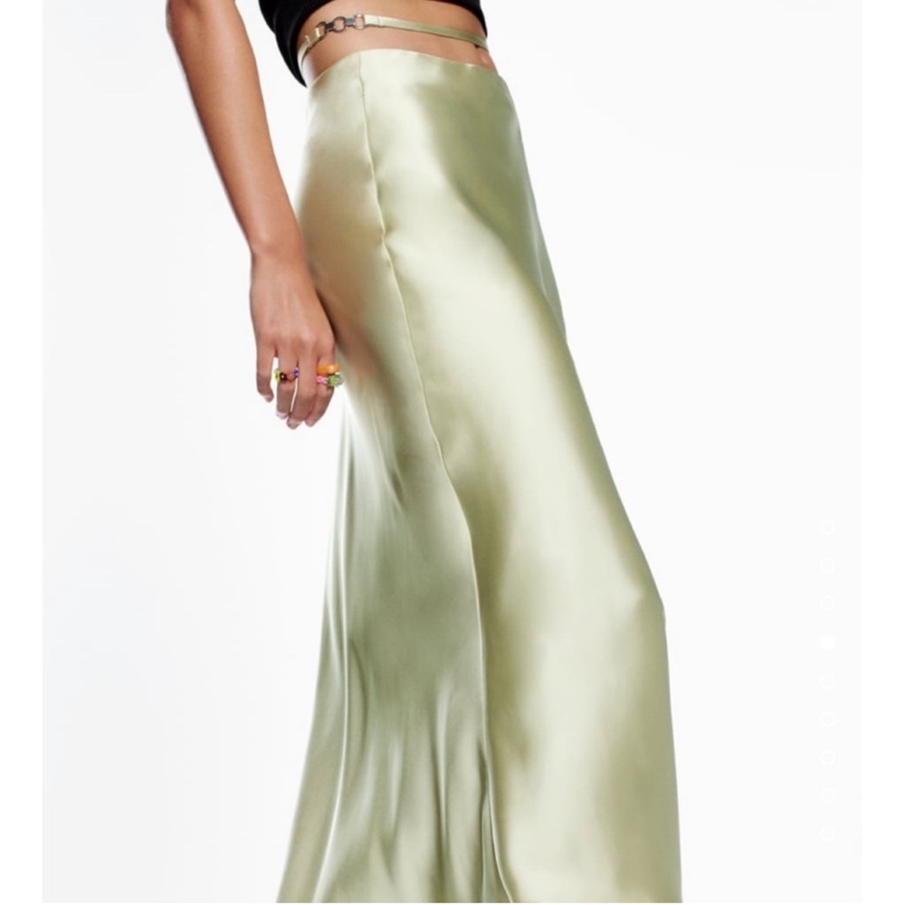 Zara Satin Midi Skirt in Light Olive Green